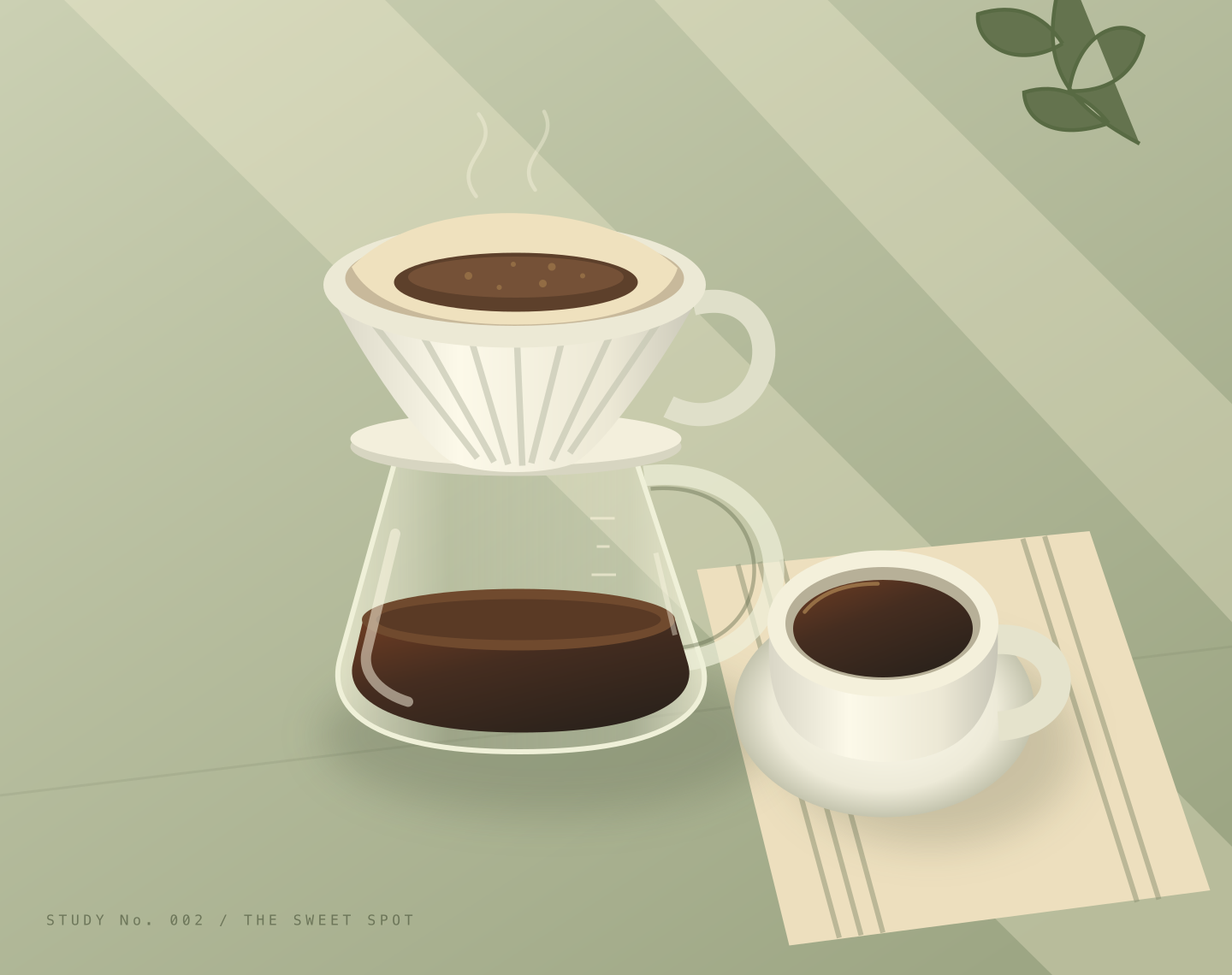 Generated illustration of a ceramic pour-over dripper, glass server, and cup on a sunlit olive table.